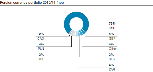 Foreign currency portfolio 2010/11 (net) (pie chart)