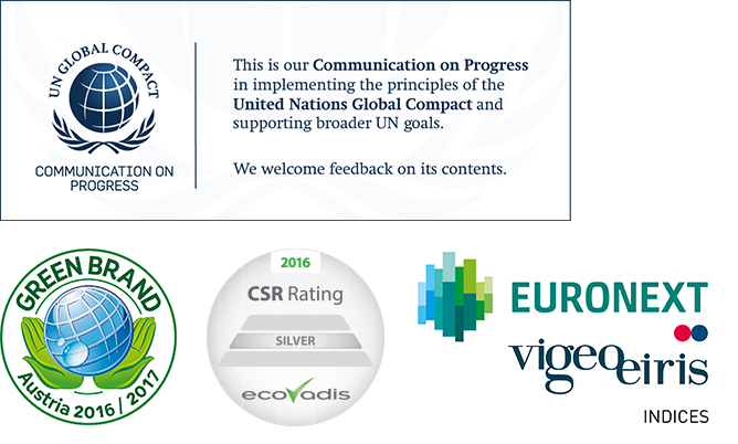 UN Global Compact, Green Brand Austria, CSR Rating 2016 – Silver, Euronext vigeo eiris indices (Logos)