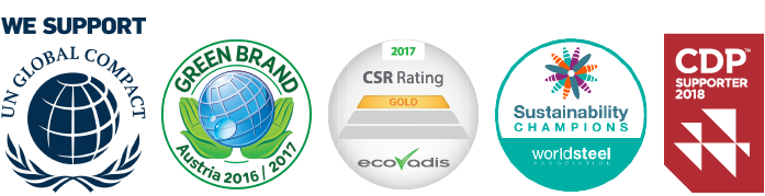 UN Global Compact, Green Brand Austria, CSR Rating 2017 – Gold, Sustainability Champions worldsteel association, CDP (Logos)